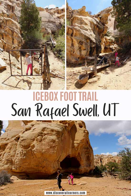 Scenery and historic artifacts on the Icebox Foot Trail in Utah’s San Rafael Swell. Text overlay – Icebox Foot Trail, San Rafael Swell, Utah.