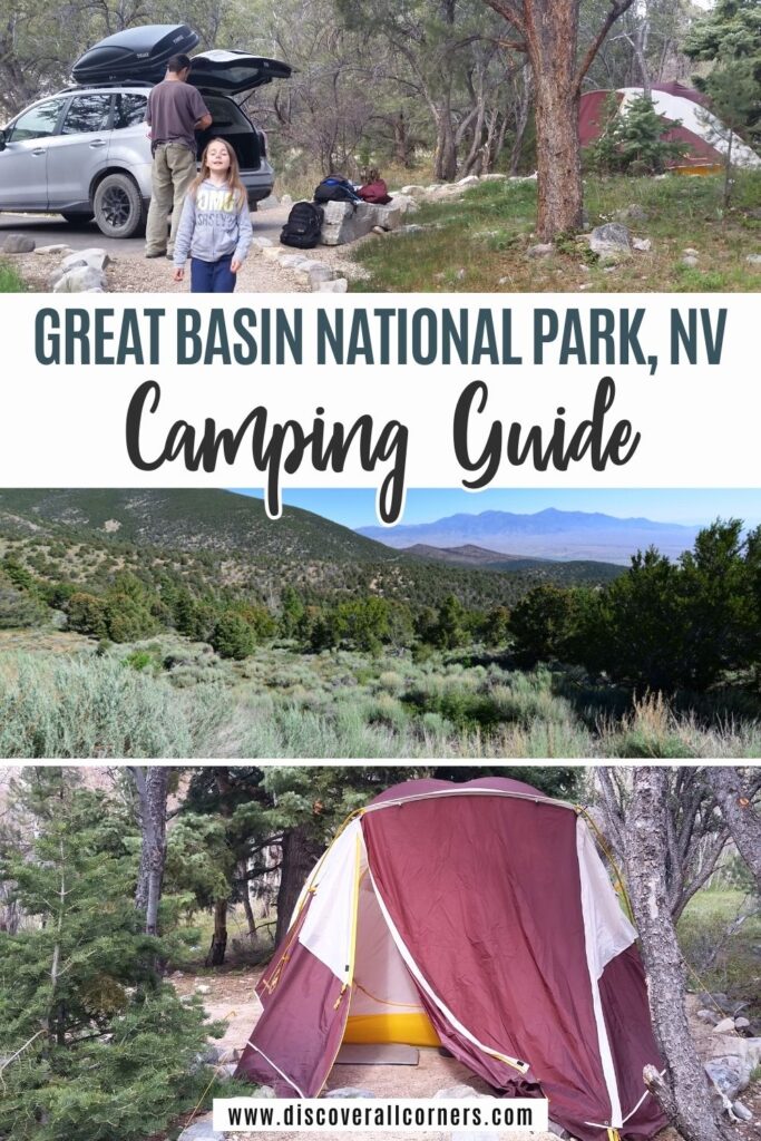 A family setting up a campsite in a national park with the dad by the car and a young daughter walking towards the camera, the tent is pitched and the site has lots of trees around; desert valley with hilly areas and mountains in the background; a white, brown, and yellow colored tent at a campsite surrounded by a mixed forest. Text overlay - Great Basin National Park, NV - Camping guide.