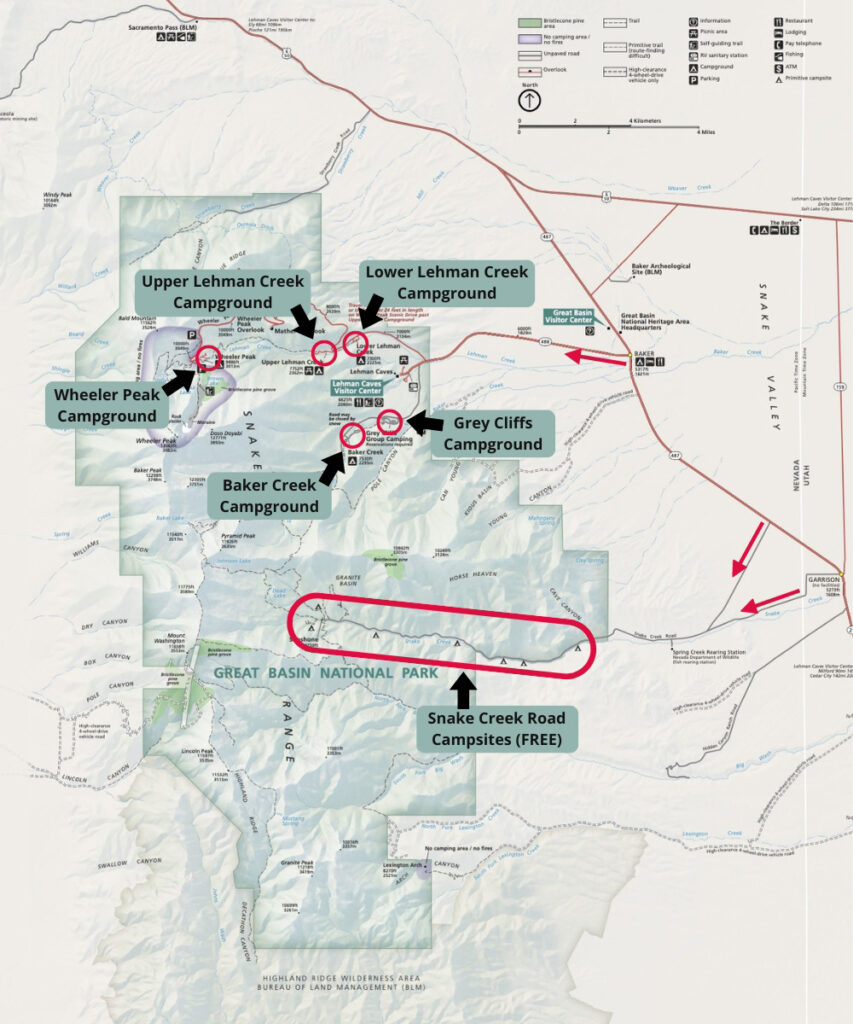 A National Park Service map for Great Basin National Park, with marked developed campgrounds and free camping areas within the park boundary.