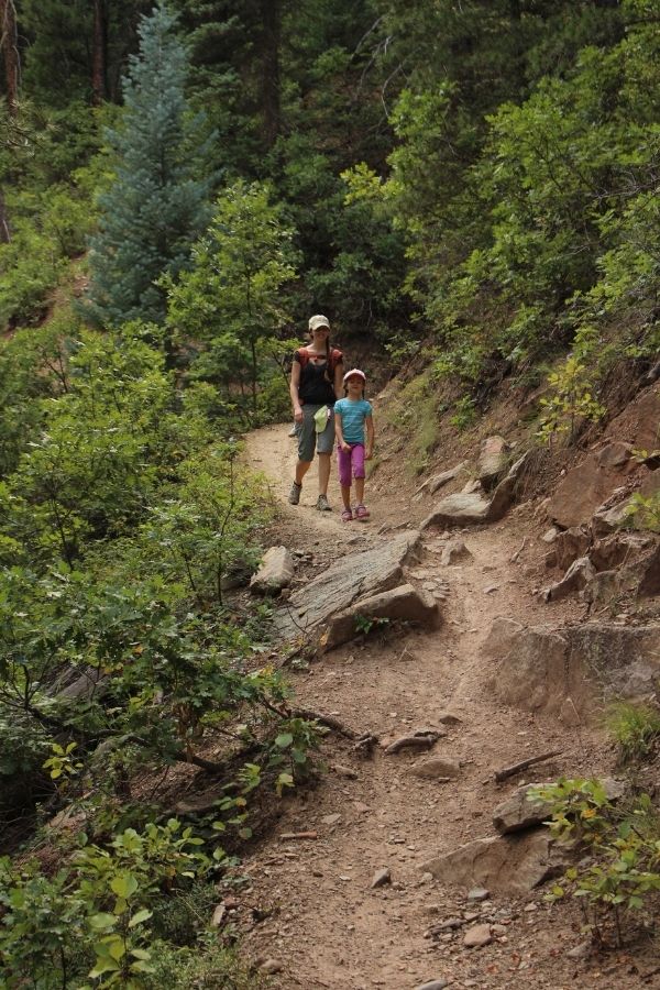 Mom with a child hiking on the forested rugged Colorado Trail at the Junction Creek trail segment.
