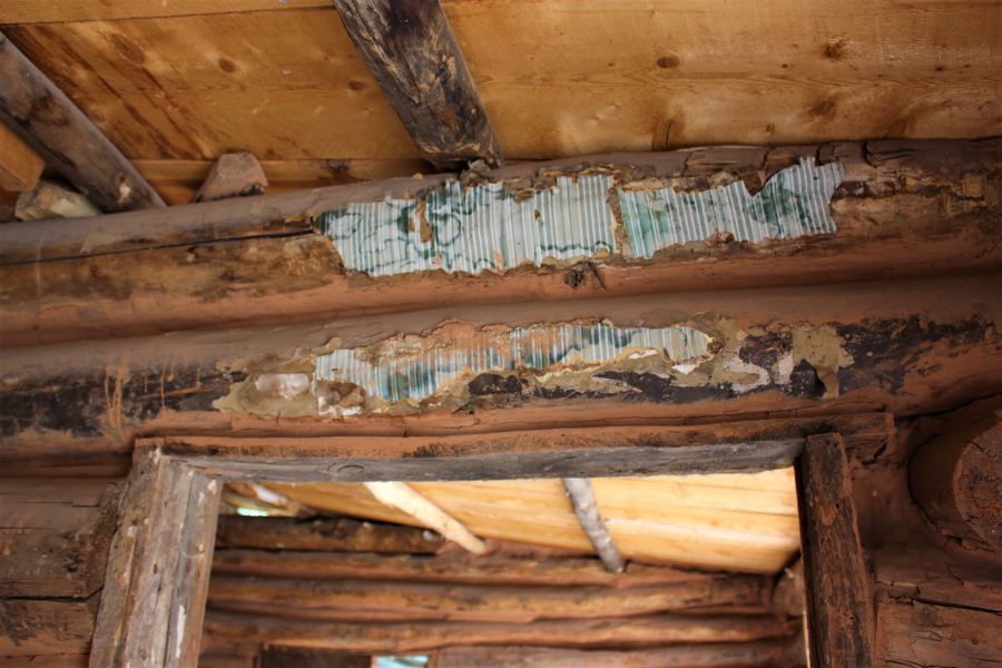 Close-up of the interior wall of the Josie Morris Cabin at Dinosaur National Monument, Utah, showing faint remnants of original wallpaper above the door frame.