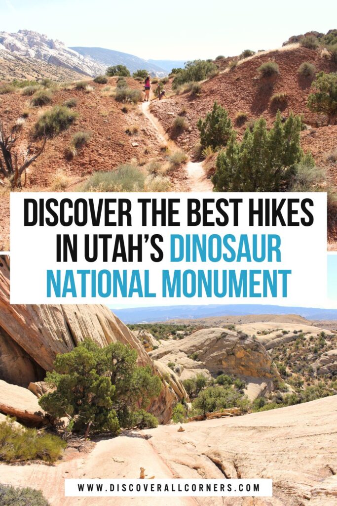 Two scenic hiking views in Dinosaur National Monument, Utah: a red dirt path winding through desert vegetation with cliffs in the distance, and a slickrock section marked by a cairn and trail sign, surrounded by unique rock formations and sweeping desert views.