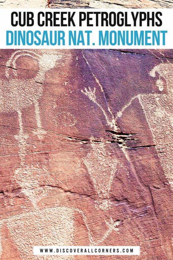 Close-up of the Cub Creek Petroglyphs at Dinosaur National Monument in Utah, showing Fremont-era carvings of human-like figures and animals etched into the sandstone cliff. Text overlay - Cub Creek Petroglyphs, Dinosaur National Monument.