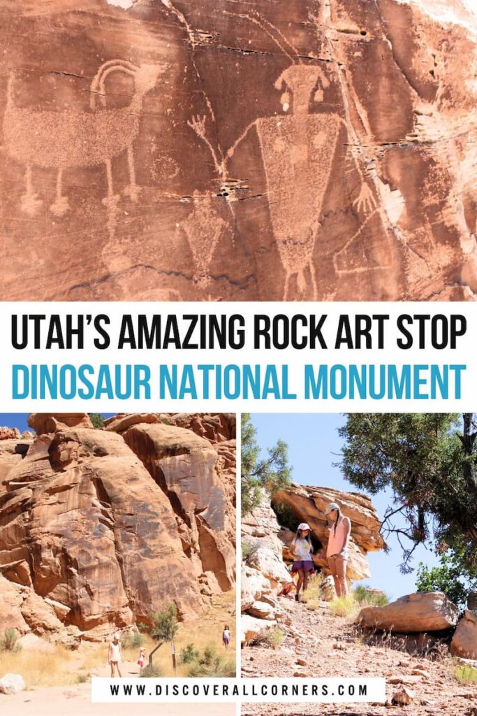 Cub Creek Petroglyphs in Dinosaur National Monument, Utah — close-up of Fremont rock art showing animals, human figures, and symbols; a family walking the short sandy path toward the main cliff face; as well as exploring the site among sandstone formations, juniper trees, and desert grasses. Text overlay - Utah's amazing rock art stop - Dinosaur National Monument.