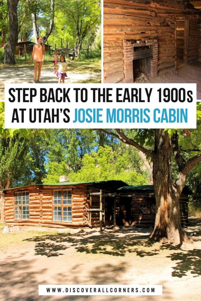 Family exploring the Josie Morris Cabin site in Dinosaur National Monument, Utah, with scenes of the log cabin’s rustic interior including a fireplace and dirt floors, plus an exterior view of the historic homestead surrounded by trees. Text overlay - Step back to the early 1900s at Utah's Josie Morris Cabin.