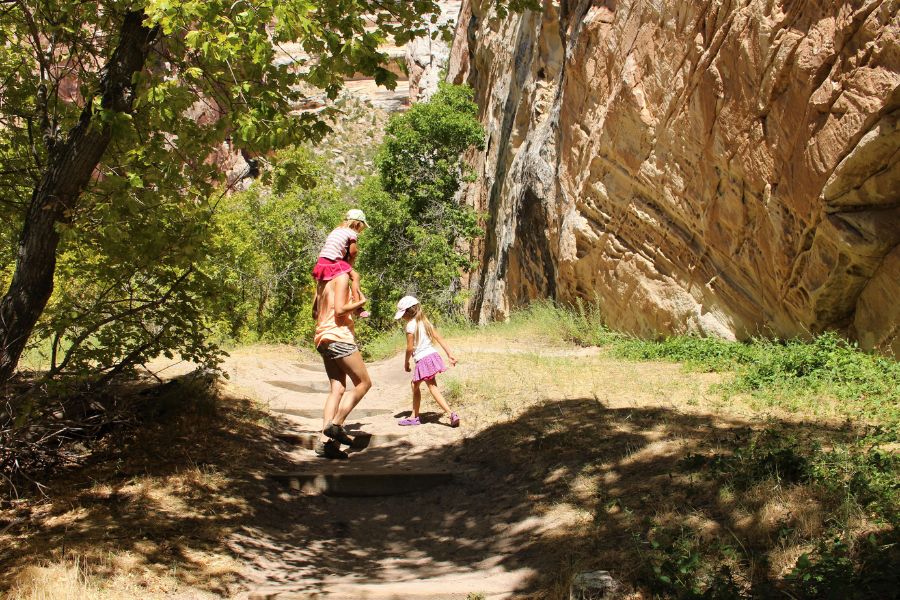 Mother hiking with two children on the Box Canyon Trail in Dinosaur National Monument, walking up a few sandy steps with trees, vegetation, and colorful canyon walls in the background.