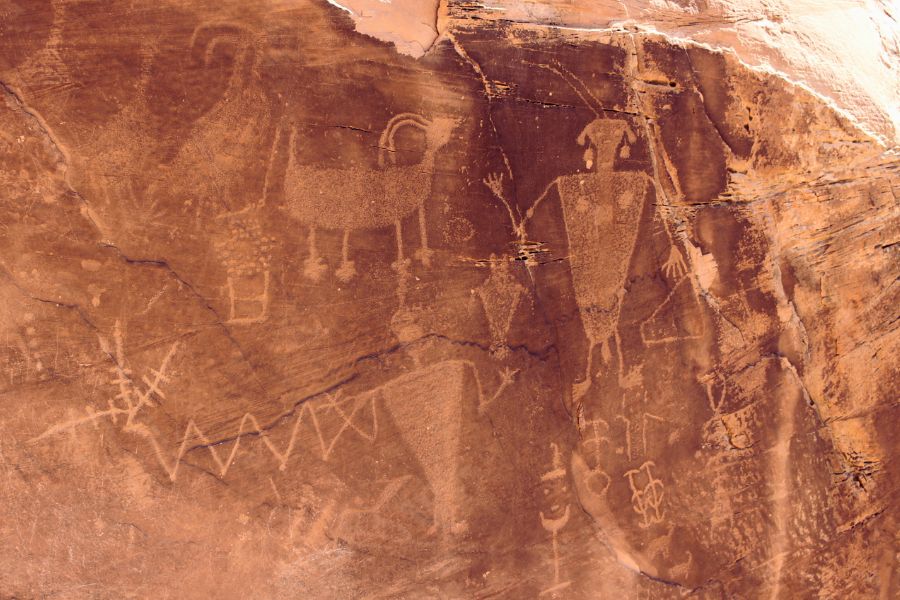 Close-up of the main Cub Creek Petroglyph wall in Dinosaur National Monument, Utah, showing Fremont rock art with human figures, animals, and abstract designs carved into the sandstone.