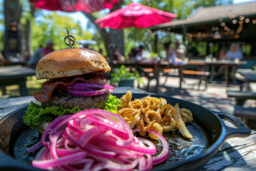 Dog-friendly outdoor restaurant patio with a hamburger served on a plate.