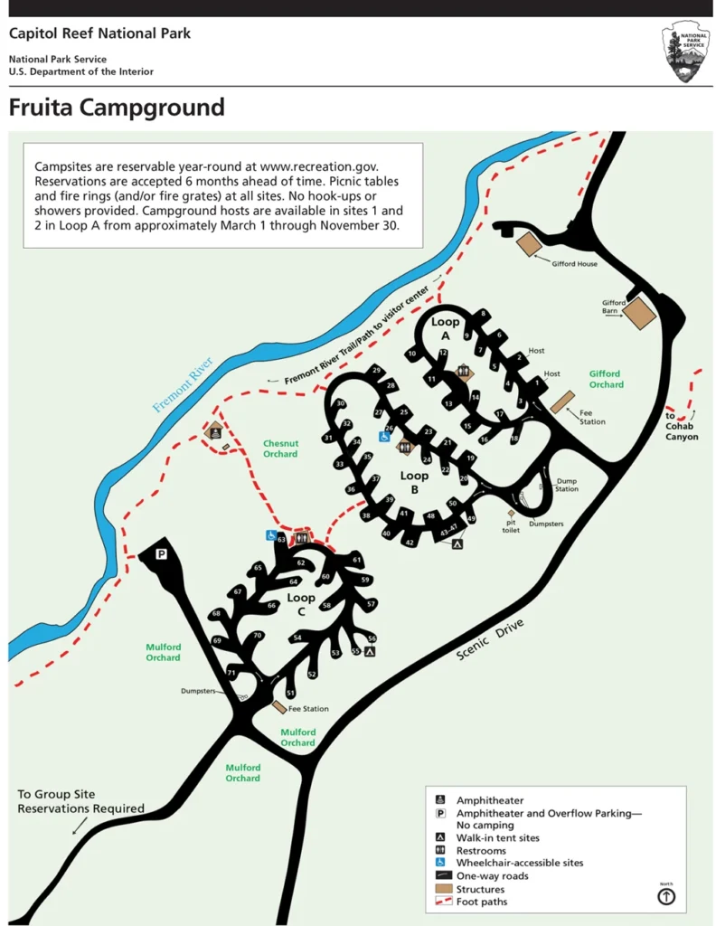 A map of the Fruita Campground in Capitol Reef National Park, Utah - showing campsites, facilities, nearby hiking trails and historical sites, etc.