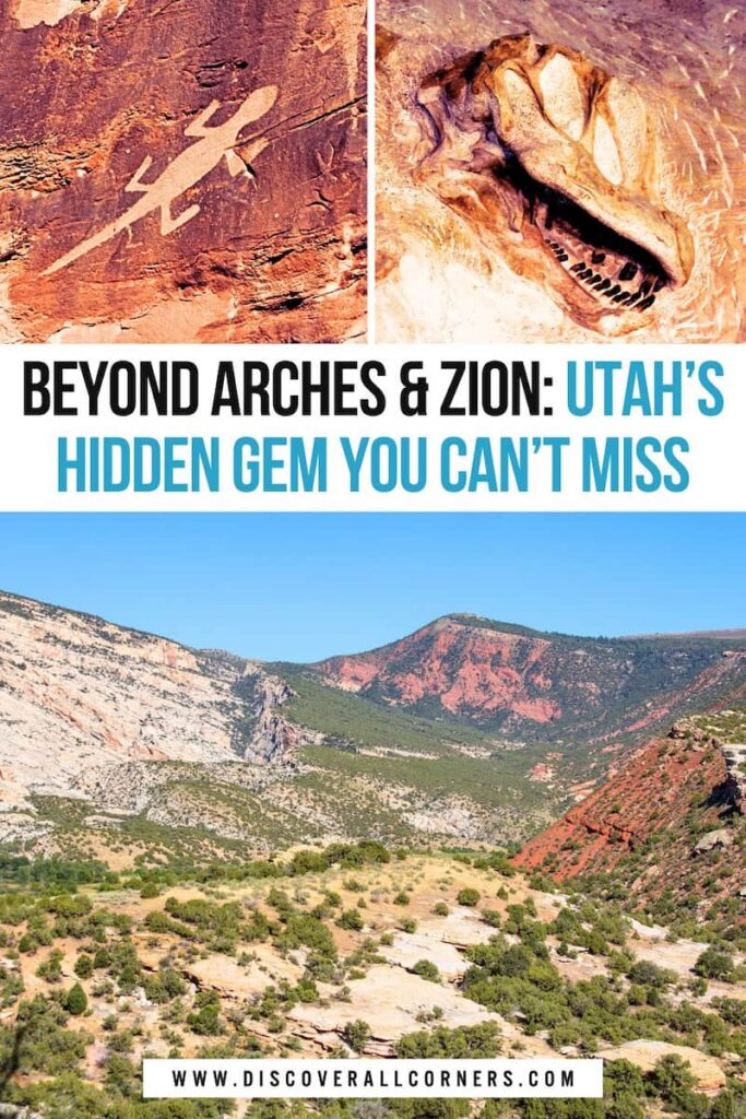 Lizard petroglyph carved into stone, close-up of a dinosaur skull fossil, and vibrant landscape of Dinosaur National Monument with colorful cliffs and lush valleys. Text overlay - Beyond Arches and Zion: Utah's hidden gem you can't miss.