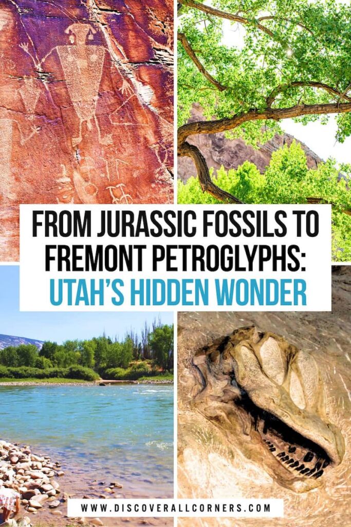 Close-up of Fremont petroglyphs etched into red sandstone, a green tree branch against the cliff in the background, the vibrant Green River with a lush riverside bank, and a dinosaur skull fossil. Text overlay - From Jurassic fossils to Fremont petroglyphs - Utah's hidden wonder.