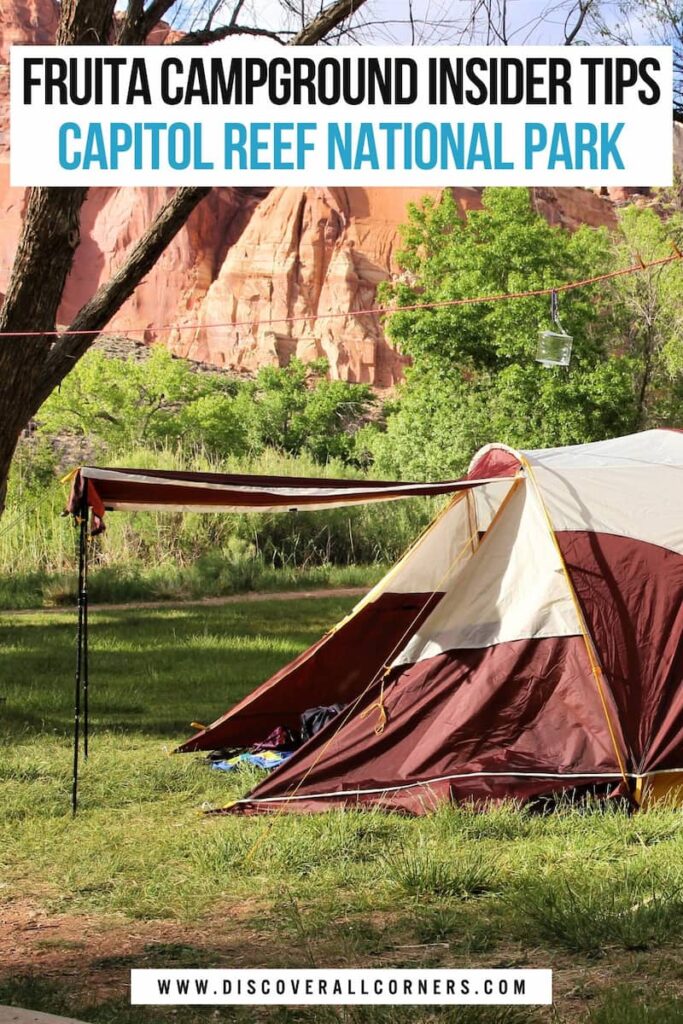 Tent pitched on a grassy field surrounded by trees and red rock canyon walls at Fruita Campground in Capitol Reef National Park. Text overlay - Fruita Campground insider tips - Capitol Reef National Park.