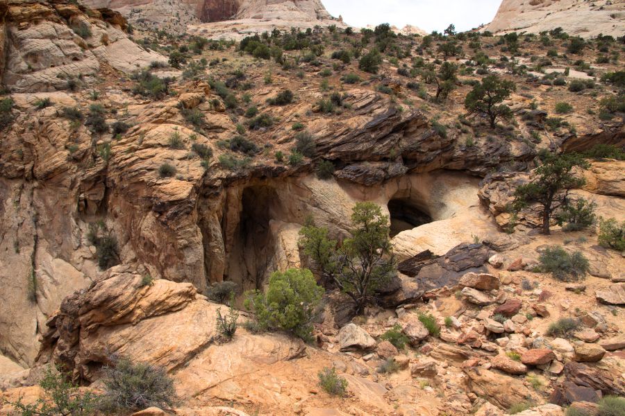 Rocky landscape along the Spur to the Tanks, highlighting layered rock formations and natural arches carved into the sandstone, with the pools in the distance.