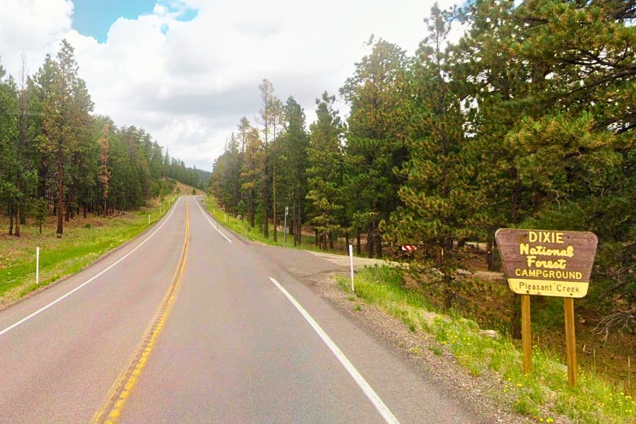 Forest-lined Scenic Byway in Dixie National Forest with the Pleasant Creek Campground sign visible on the right.