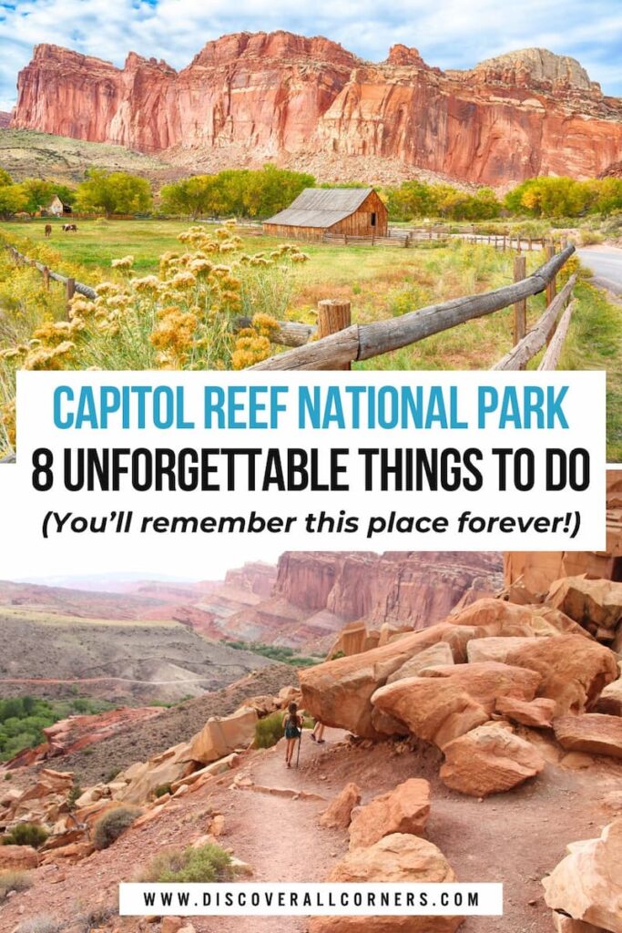 Two-photo collage from Capitol Reef National Park. First image shows the scenic road into Fruita with historic buildings in the lush Fruita valley (the Fruita Barn and the Gifford House) and towering red rock cliffs in the background. Second image shows a view from the Cohab Canyon Trail overlooking the Fruita Valley, with red rock formations and   family walking along the rocky path. Text overlay - Capitol Reef National Park - 8 Unforgettable Things to Do (You'll remember this place forever!).