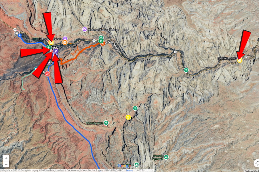 Map of Capitol Reef National Park highlighting historic buildings in the Fruita Historic District.