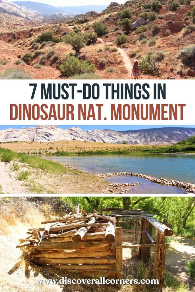 Child hiking along the scenic Sound of Silence Trail surrounded by desert scenery; view of the Green River winding through Dinosaur National Monument with green riverbanks and rocky cliffs; weathered remains of a wooden chicken coop at the historic Josie Morris Homestead. Text overlay: 7 Must-do things in Dinosaur National Monument.
