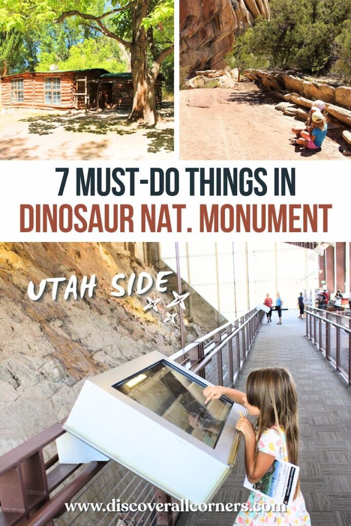 Remains of an old wooden chicken coop at the historic Josie Morris Homestead in Dinosaur National Monument; kids sitting on a steep slickrock on a hike, surrounded by rocks, cliffs, and vegetation; and visitor viewing a screen in front of the indoor wall with fossilized dinosaur bones in the monument. Text overlay: 7 Must-do things in Dinosaur National Monument - Utah side.
