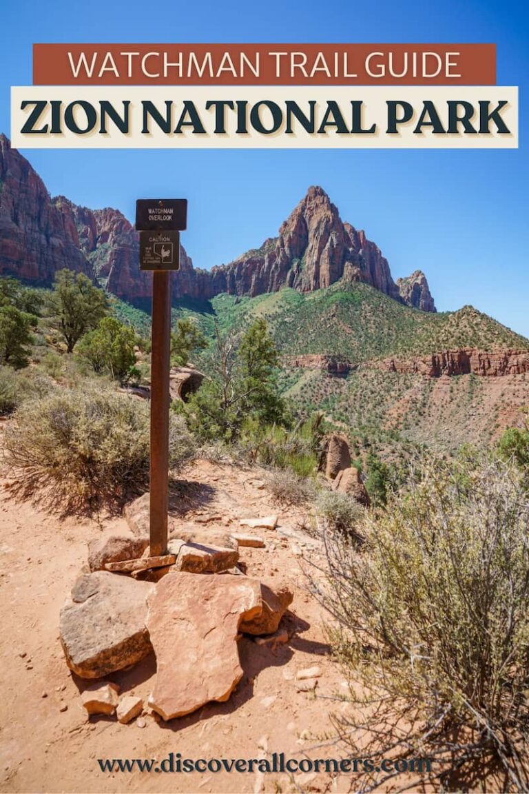 Plateau viewpoint along the Watchman Trail featuring desert vegetation, Watchman Mountain in the distance, and a Watchman Overlook sign marking the scenic viewpoint. Text overlay - Watchman Trail Guide - Zion National Park.