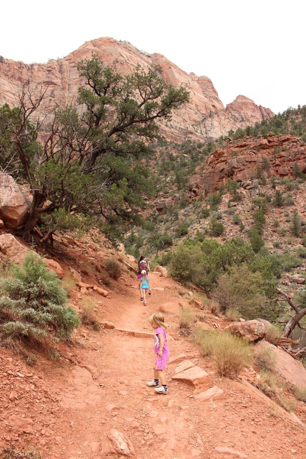 Mom and kids continuing up the Watchman Trail as it climbs higher into desert terrain.