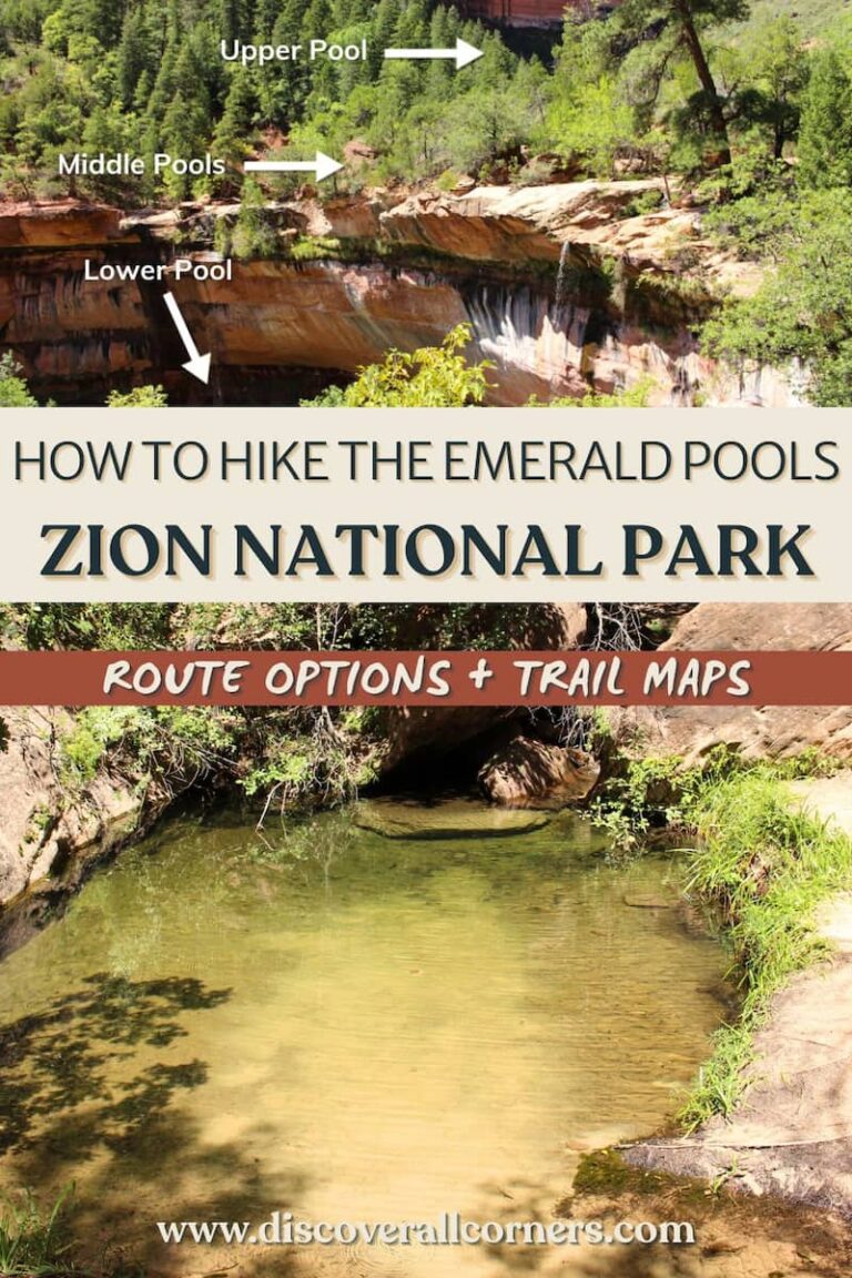 Annotated view of the Emerald Pools alcove with labels and arrows indicating the locations of the Lower, Middle, and Upper Pools; and a shallow rock-bordered emerald-colored pool at Middle Emerald Pools in Zion National Park. Text overlay - How to hike the Emerald Pools - Zion National Park (Route options + Trail maps).