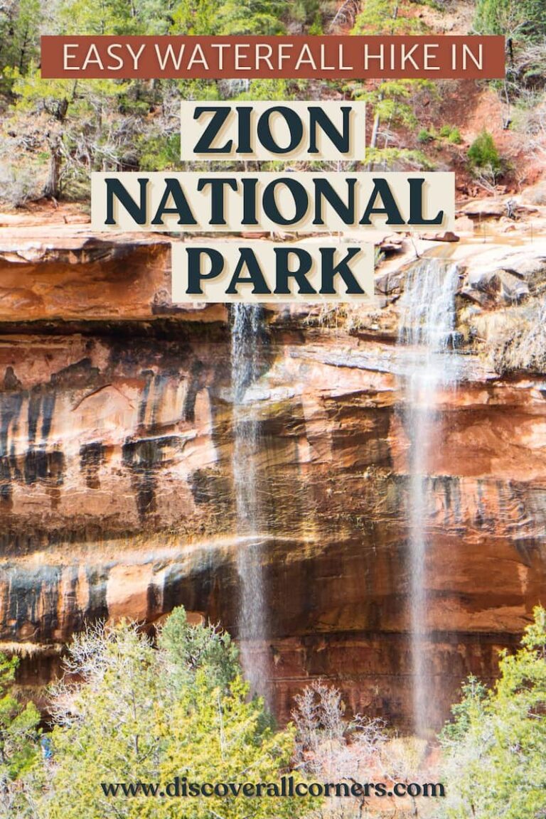 A massive sandstone alcove with two waterfalls, with the trail seen below. Text overlay - Easy waterfall hike in Zion National Park.
