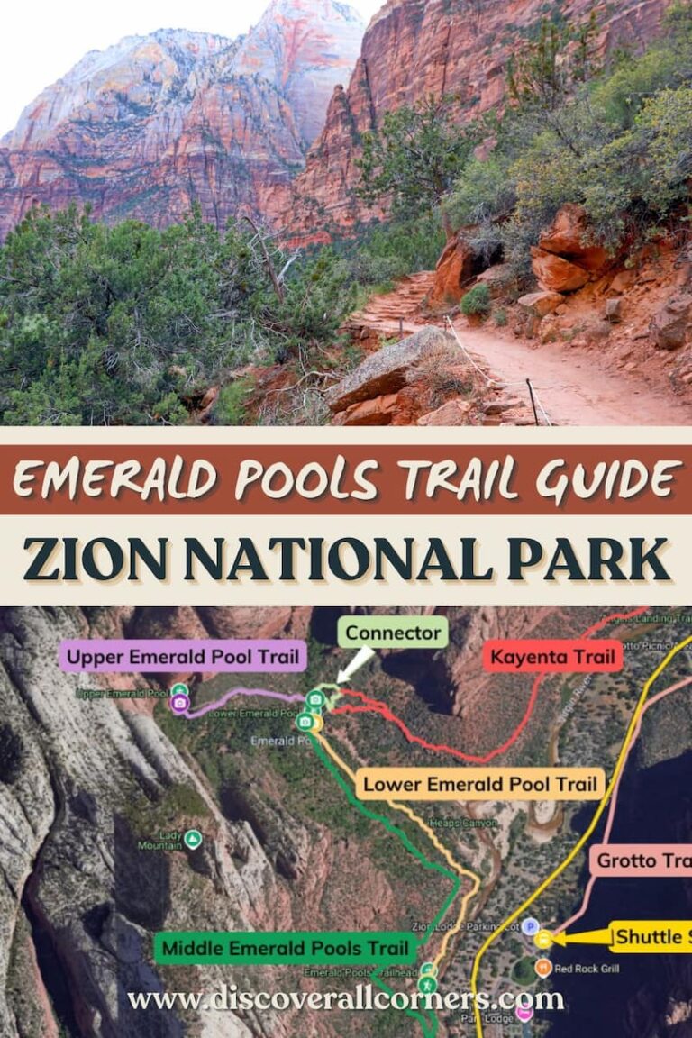 Dirt path with steps ahead rising toward red rock sculpted cliffs and surrounded by desert vegetation; plus an image of trails connecting the Emerald Pools trail system in Zion National Park. Text overlay - Emerald Pools Trail Guide - Zion National Park.