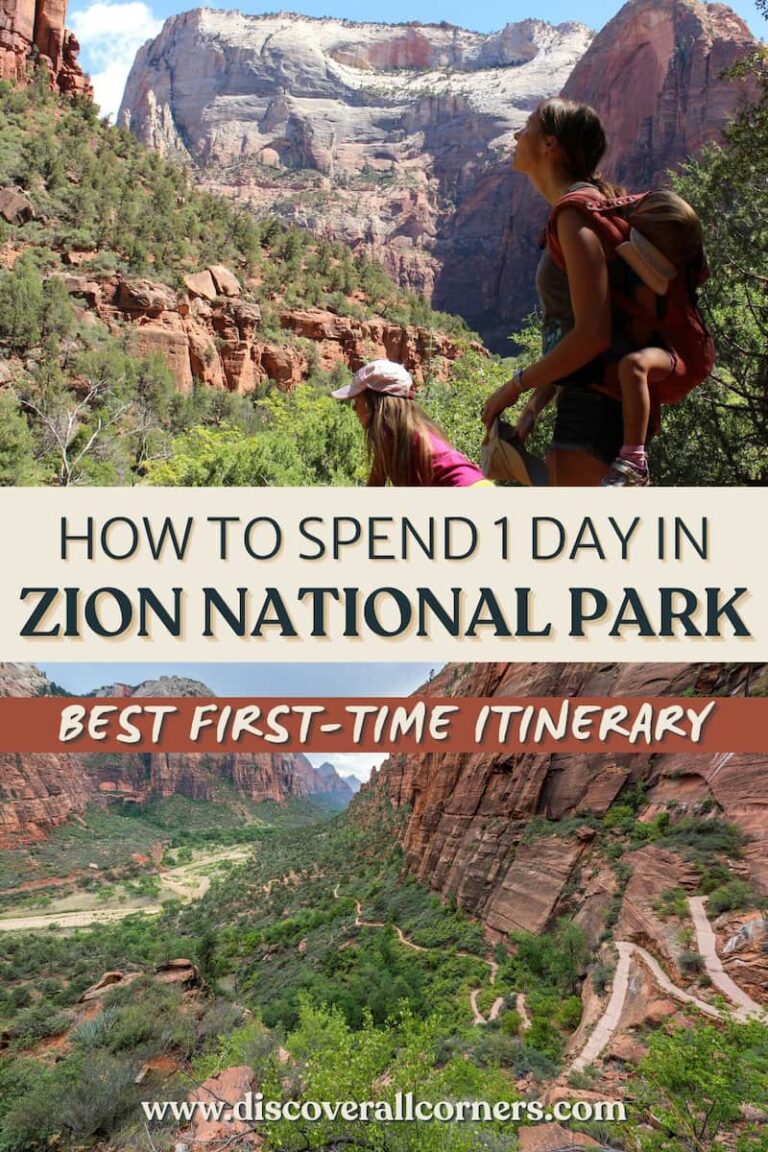 A mother hiking with her young children pauses to take in sweeping canyon views in Zion National Park, paired with a dramatic aerial view of the West Rim Trail switchbacks winding through a lush green valley surrounded by towering red rock walls. Text overlay - How to spend 1 day in Zion National Park (Best first-time itinerary).
