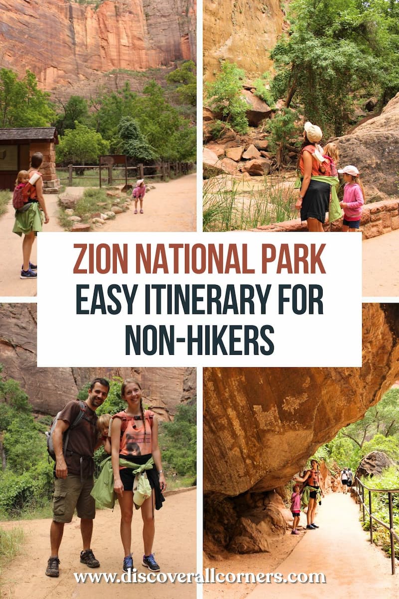 A family exploring Zion National Park on easy, flat trails, surrounded by canyon views, riverside scenery, and lush greenery along the path. Text overlay - Zion National Park - Easy itinerary for non-hikers.