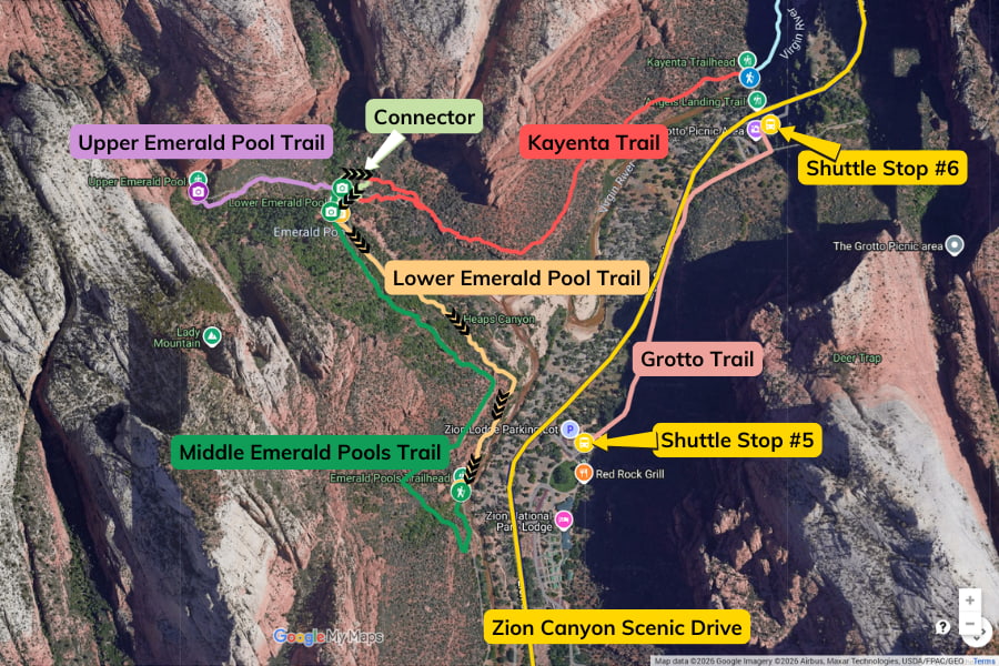 Trail map showing the interconnecting Emerald Pools, Kayenta, and Grotto trails in Zion National Park, with a marked return hike via Lower Emerald Pool Trail.