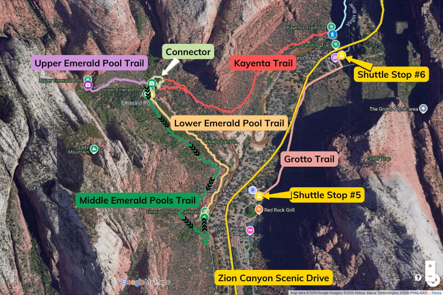 Trail map showing the interconnecting Emerald Pools, Kayenta, and Grotto trails in Zion National Park, with a marked return hike via Middle Emerald Pools Trail.