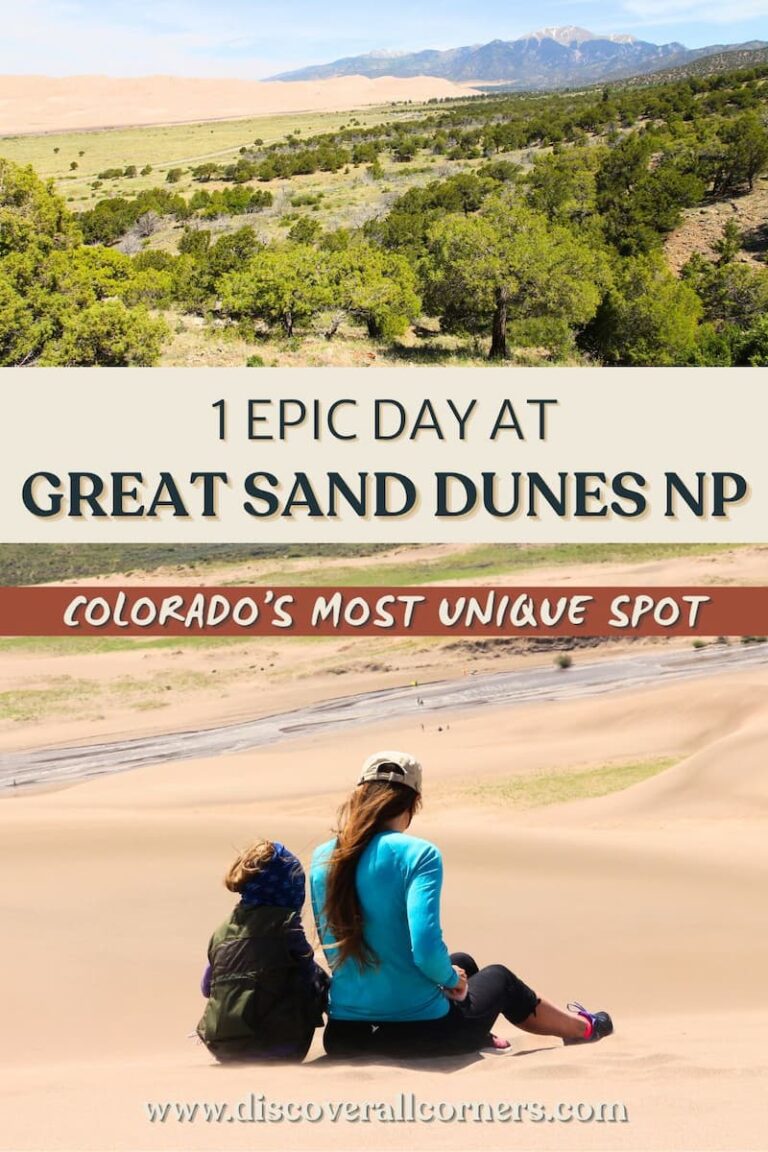 Views of distant sand dunes with mountains rising in the background and a wide valley spreading from the dune base, and a family resting on the dunes during a dune hike, overlooking the dune base and a creek below. Text overlay - 1 Epic day at Great Sand Dunes National Park (Colorado's most unique spot).