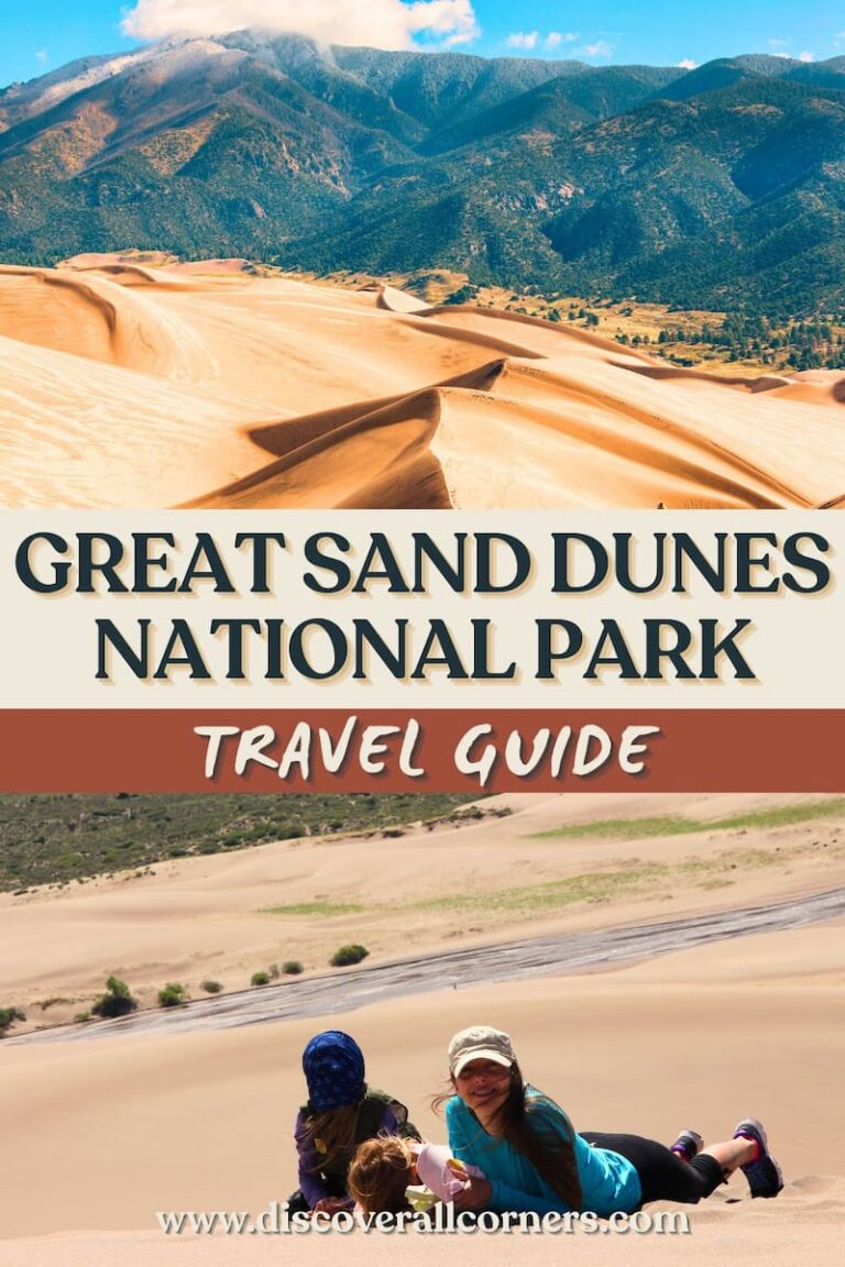 Sweeping views of sand dunes from higher elevation with mountains in the background in Great Sand Dunes National Park, and a family resting on the dunes overlooking a seasonal Medano Creek and a green valley below. Text overlay - Great Sand Dunes National Park Travel Guide.
