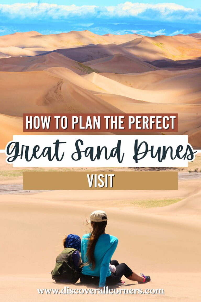 Sweeping views of expansive sand dunes in Great Sand Dunes National Park, and a family resting on the dunes overlooking the dunefield below. Text overlay - How to plan the perfect Great Sand Dunes visit.
