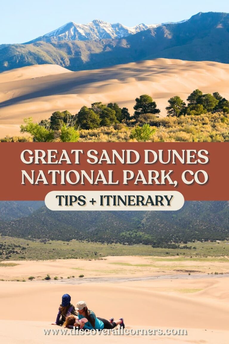 Scenic views of sunlit sand dunes, lush green valley at the base, and rising mountains in the background, and a family resting on the dunes overlooking a seasonal Medano Creek and the green valley below. Text overlay - Great Sand Dunes National Park, Colorado (Tips + Itinerary).