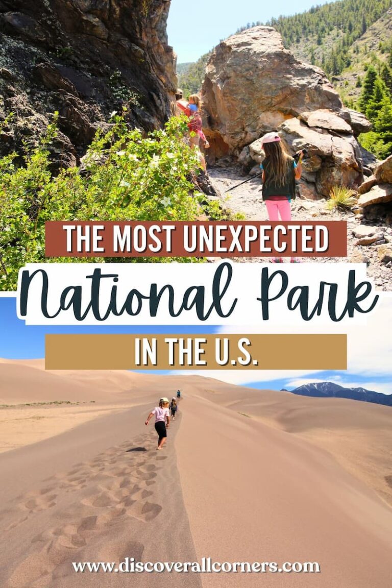 Family hiking on a rising path along rock formations surrounded by trees and lush vegetation, and the same family hiking along a dune ridge on the dunefield of Great Sand Dunes National Park. Text overlay - The most unexpected national park in the U.S.