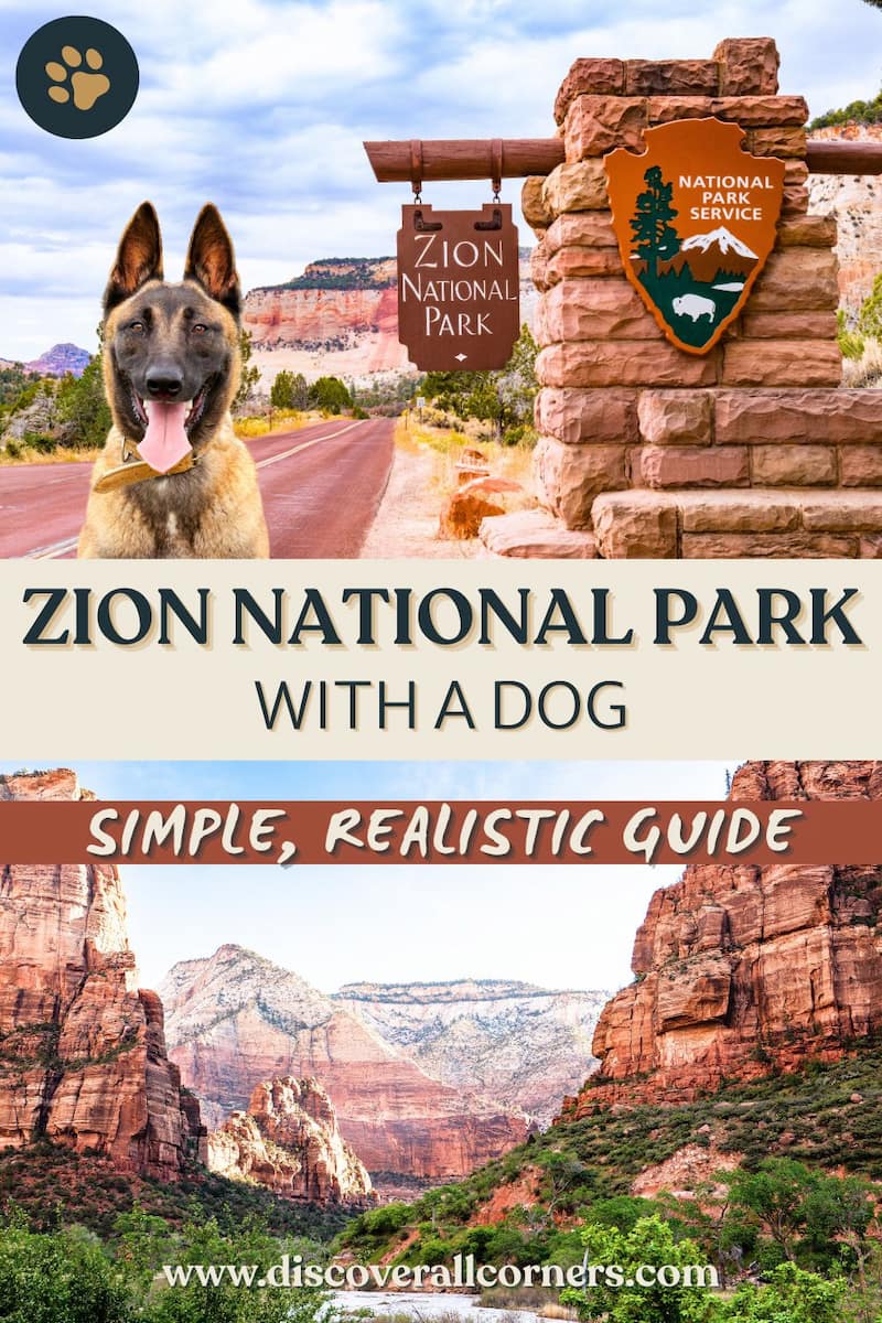 Zion National Park entrance sign with a Belgian Malinois dog, and scenic view of red rock cliffs, green trees, and the Virgin River in Zion National Park, Utah. Text overlay - Zion National Park with a dog (simple, realistic guide).