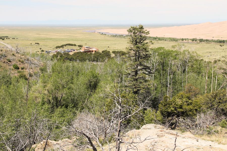 Elevated views of the visitor center and dunefield from a trail junction near the visitor center in Great Sand Dunes National Park.