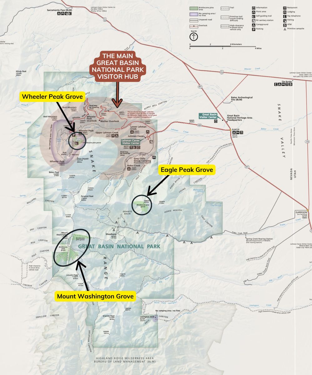 Map of Great Basin National Park showing the locations of the Wheeler Peak, Mount Washington, and Eagle Peak bristlecone pine groves, with the main visitor area highlighted.