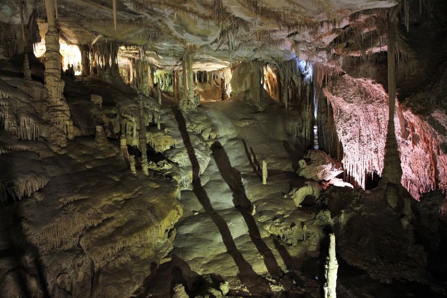 Interior of Lehman Caves in Great Basin National Park showing illuminated limestone formations including stalactites, stalagmites, and cave shields.