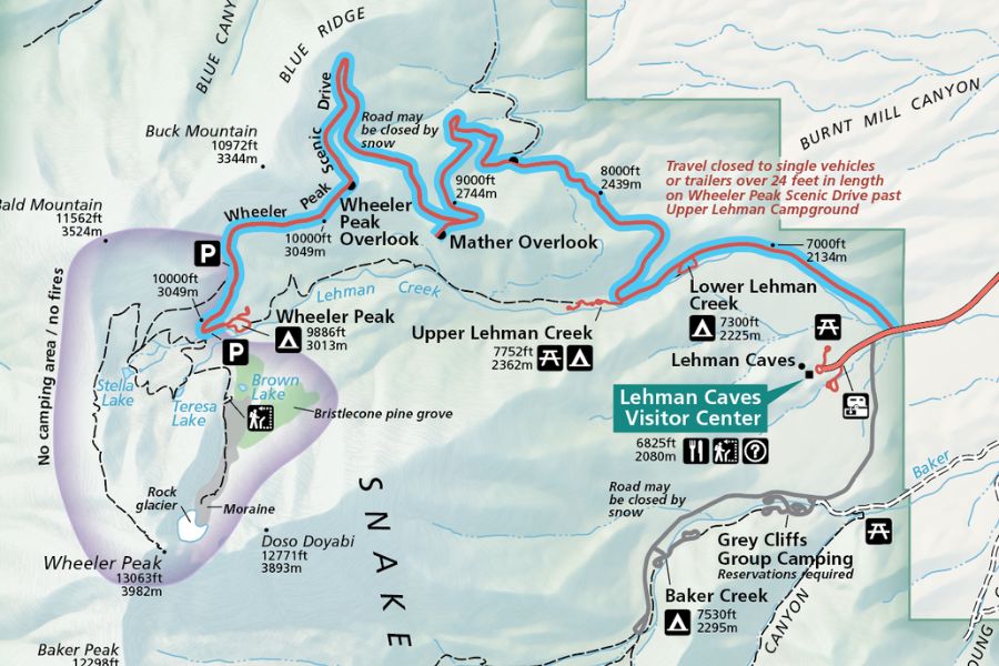 Map of Great Basin National Park highlighting the Wheeler Peak Scenic Drive and major hiking areas near Wheeler Peak.