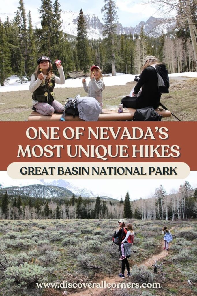 Collage showing a family hiking and taking a break along the Lehman Creek Trail in Great Basin National Park, featuring mountain views, sagebrush landscape, lingering spring snow, and the Wheeler Peak area. Text overlay - One of Nevada's most unique hikes - Great Basin National Park.