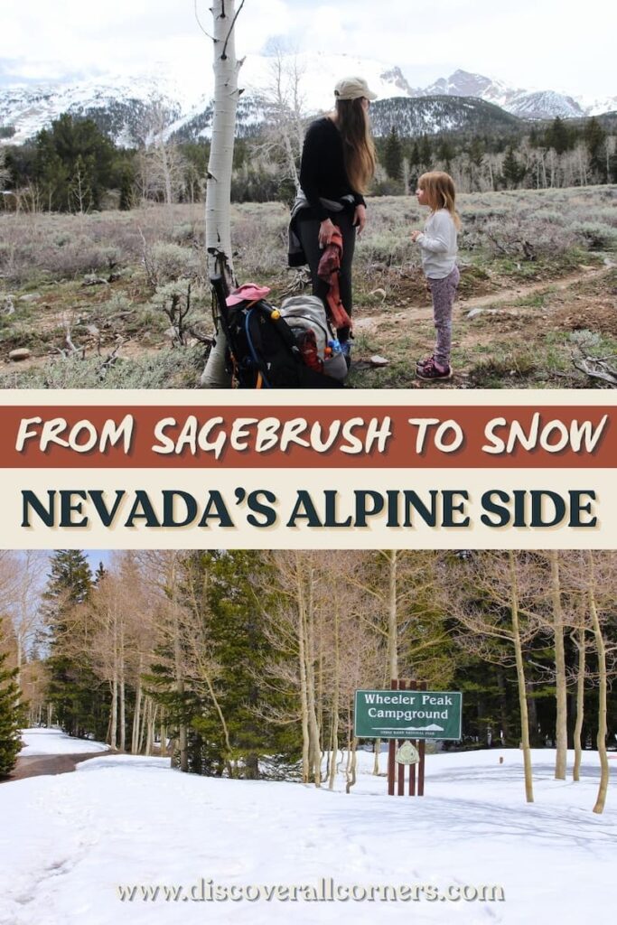 Collage showing a family hiking the Lehman Creek Trail in Great Basin National Park, including a scenic sagebrush meadow with snow-capped mountain views and the snow-covered Wheeler Peak area surrounded by forest. Text overlay - From sagebrush to snow - Nevada's alpine side.