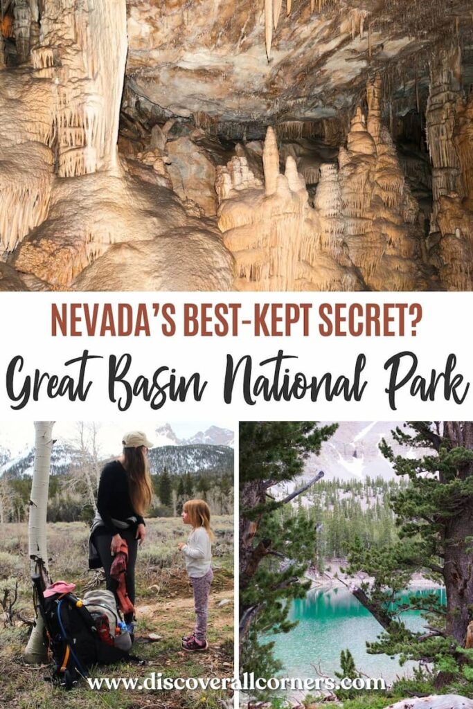 Highlights of Great Basin National Park including Lehman Caves, a family hiking toward Wheeler Peak through high-elevation desert terrain, and an emerald alpine lake surrounded by pine trees. Text overlay - Nevada's best-kept secret? Great Basin National Park.