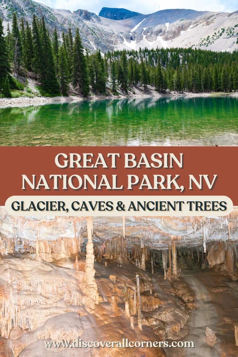Emerald alpine lake beneath Wheeler Peak in Great Basin National Park alongside a cave passage lined with intricate limestone formations in Lehman Caves. Text overlay - Great Basin National Park, Nevada (glacier, caves, and ancient trees).