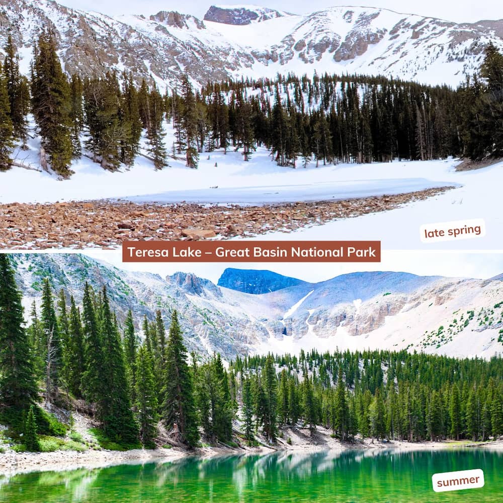 Split image comparing Teresa Lake in Great Basin National Park in late spring and summer, showing lingering snow and ice in spring versus emerald-colored water in summer.