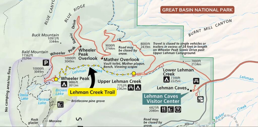 Great Basin National Park map showing the Wheeler Peak Scenic Drive, Upper Lehman Creek Campground, Wheeler Peak area, major hiking trails, Visitor Center, and the Lehman Creek Trail highlighted in yellow.